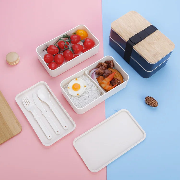 2-Layer Food Storage Container Portable Worker Student Wheat Straw