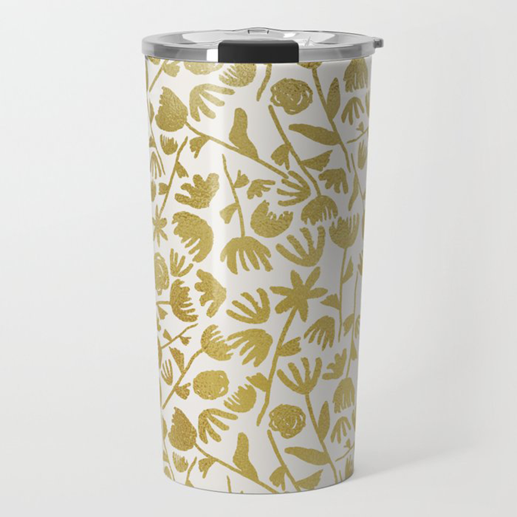 Gold Ink Floral Travel Coffee Mug